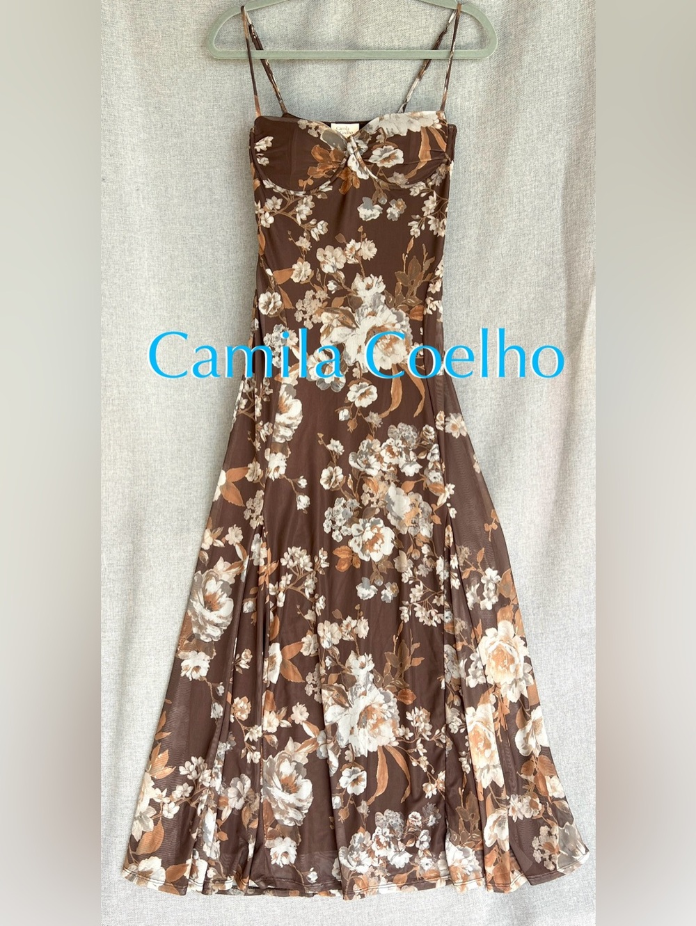 Camila Coelho Floral Mesh Spaghetti Straps Underwire Bustier Maxi dress brown S